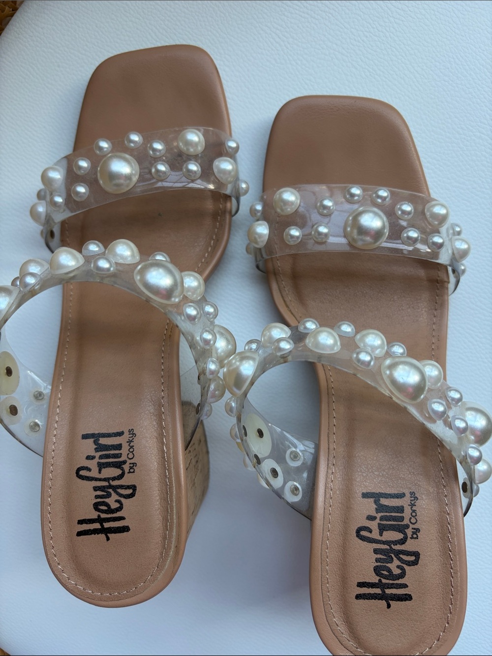 Corkys Hey Girl Tan Wedge Slides with Pearl-Studded Clear Straps - Picture 3 of 3
